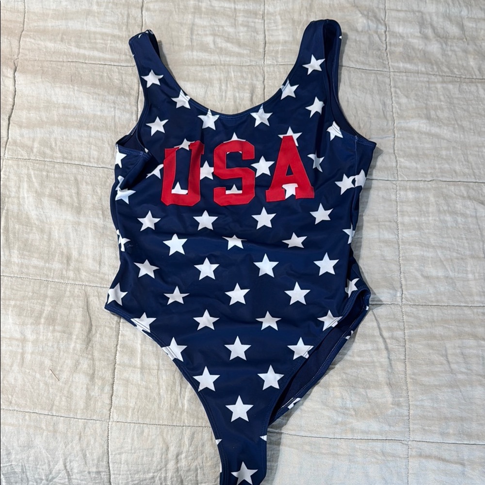 Divided One Piece Swimsuit Blue and Red Patriotic Design